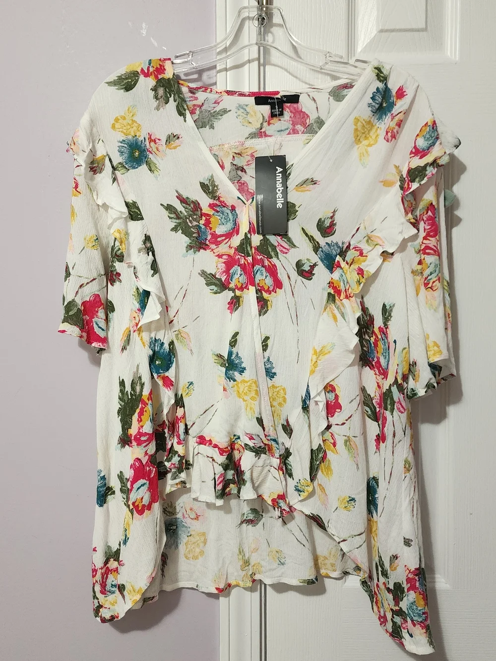 Annabelle White Floral Ruffle V-Neck Tunic with Multicolor Blooms